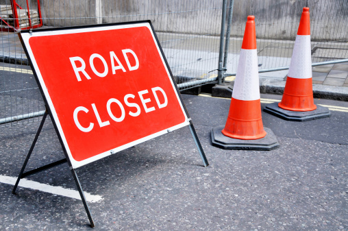 Road Closed Sign With Cones