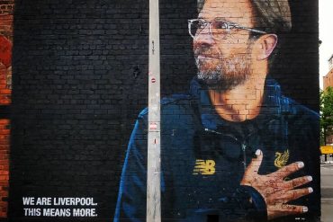 Mural of Jurgen Klopp on a building in Liverpool