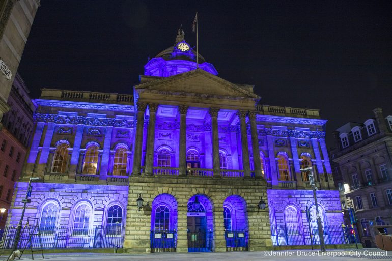Liverpool Town Hall lit up blue for the NHS