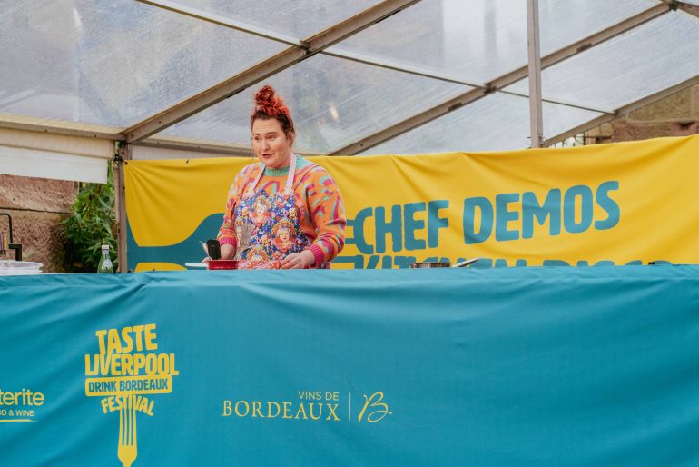 Lizzie Acker doing a chef demonstration as part of the Taste Liverpool. Drink Bordeaux festival