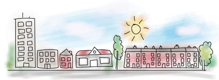 Cartoon drawing of a community street