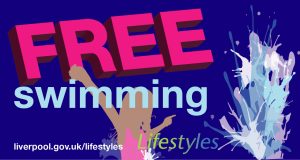 Illustration of child splashing in the pool with the words 'Free Swimming'