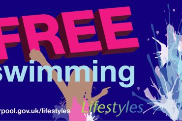 Illustration of child splashing in the pool with the words 'Free Swimming'