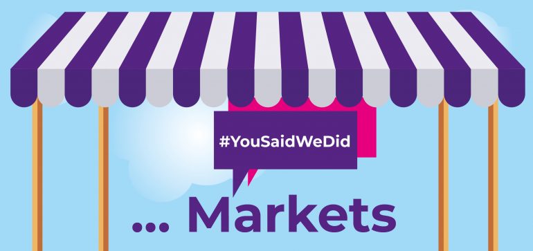 Animated picture of a market awning with the words 'You Said.. We Did... Markets' underneath