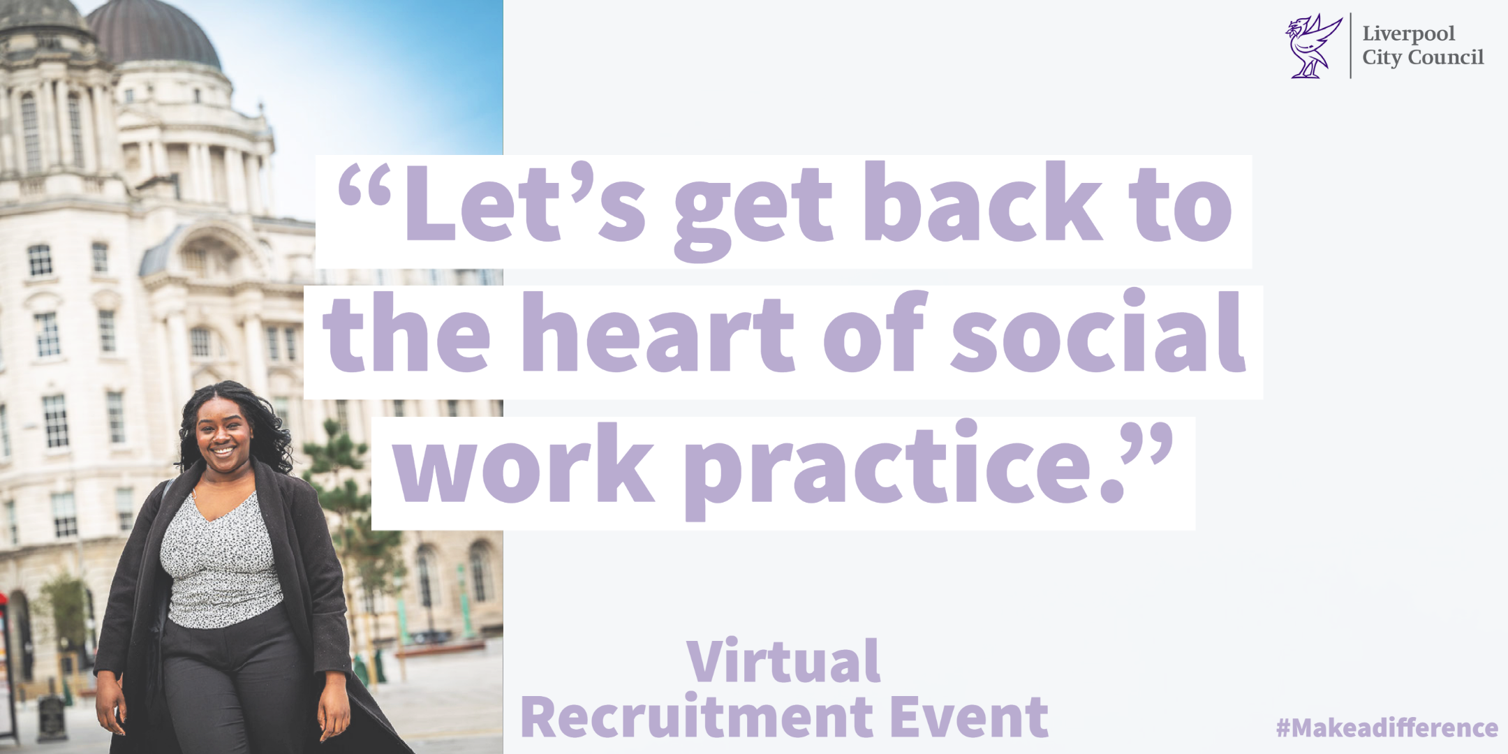 A woman in front of the POrt of Liverpool building