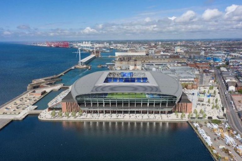 Aerial pic of Everton Stadium under construction at Bramley Moore Dock