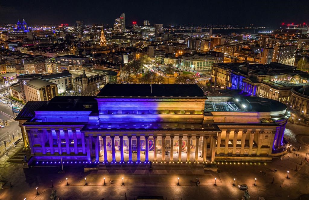 Ariel shot of St George's Hall lit up in the colours of the Ukrainian flag courtesy of Stratus Imagery