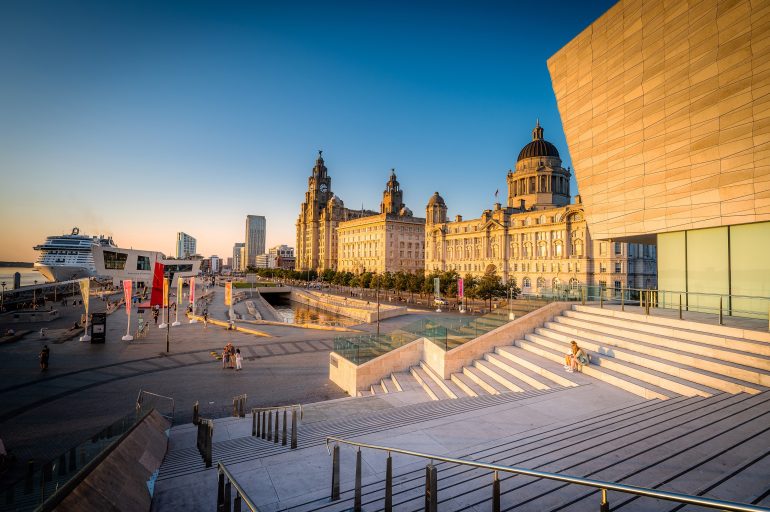 An image of Liverpool's PIer Head taken from Museum of Liverpool steps. Image credit: Visit Liverpool