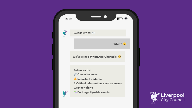 A mock-up image of a WhatsApp conversation on an iPhone about Liverpool City Council launching on WhatsApp.