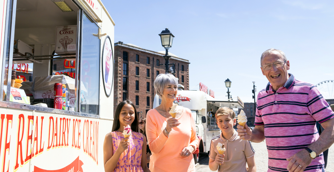 Family enjoying ice cream on Liverpool waterfront