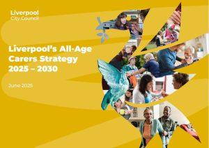 Front page of carers strategy. Liver Bird with images of carers inside.