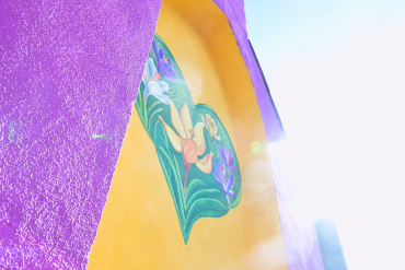A crocus in a heart, painted on a wall.