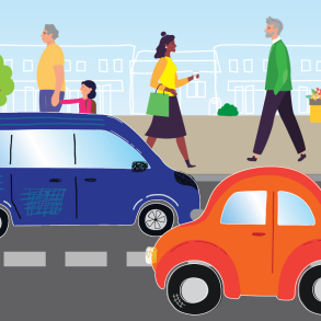 A cartoon of cars on a road, with people walking on a pavement behind.