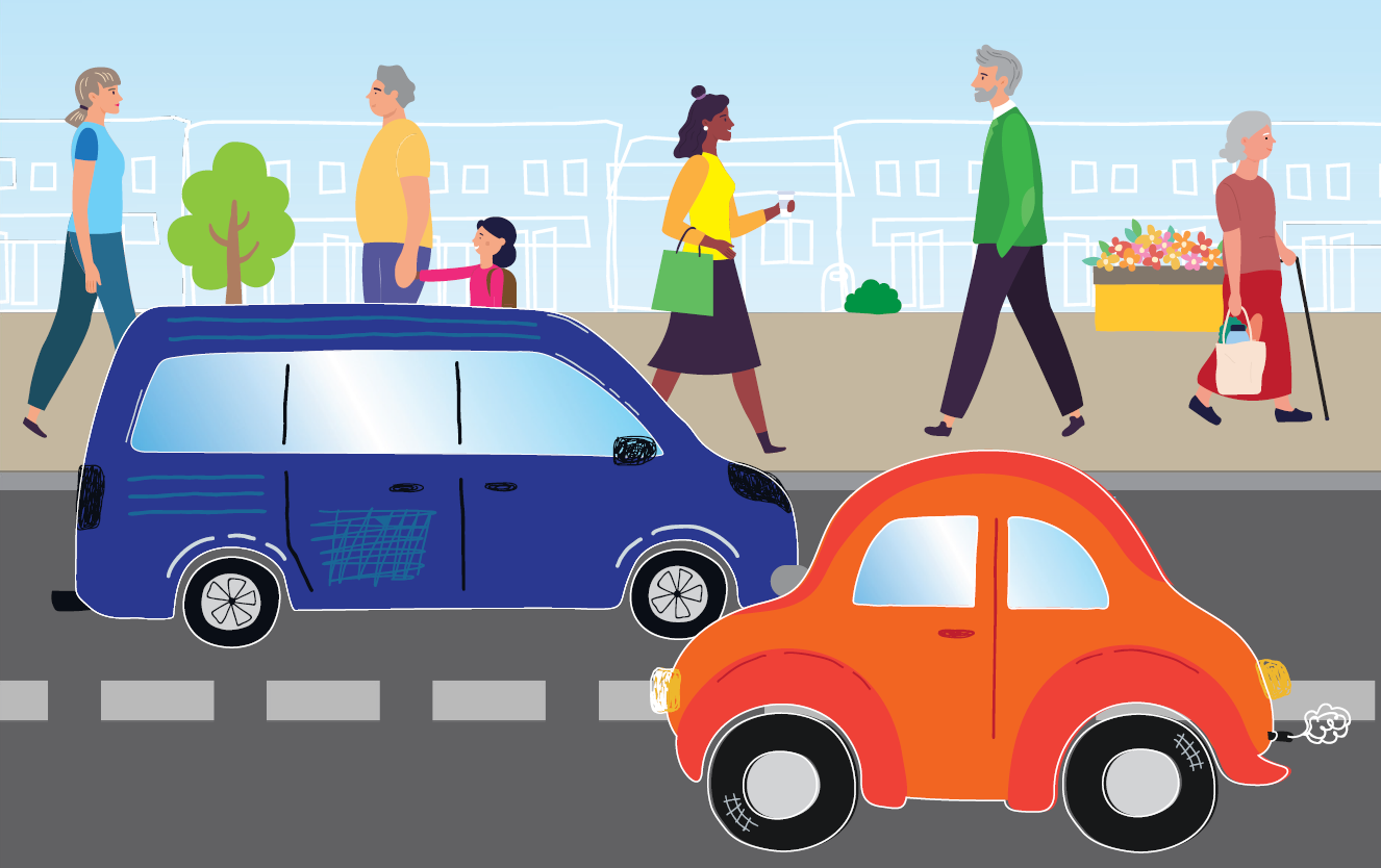 A cartoon of cars on a road, with people walking on a pavement behind.