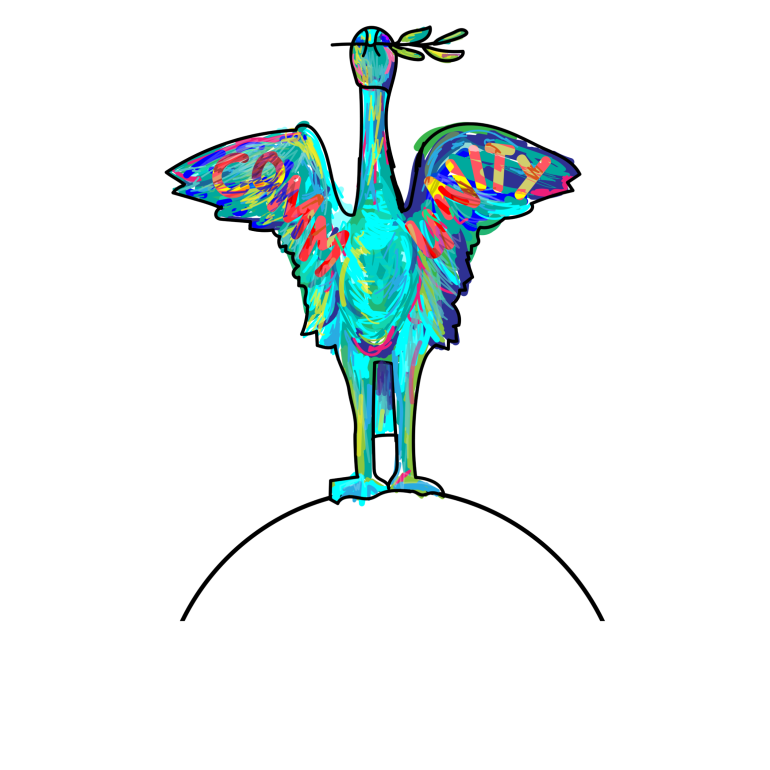 Colorful dove with olive branch standing on globe, symbolizing global peace and community unity