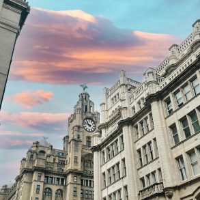 The Liver Building with sunset in the background