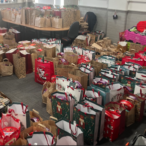 Lots of filled christmas gift bags in an office.