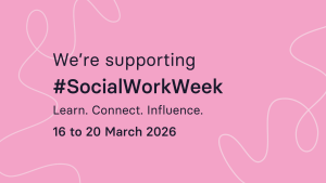 Pink background with writing that says We're supporting #SociaWorkWeek 16 - 20 March 2026