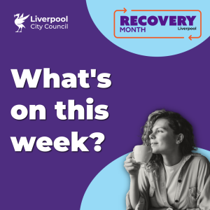 A purple background with whiote text that reads 'Whats on this week?' and a girl drinking a cup of tea