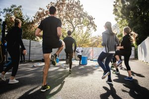 A group of people running.